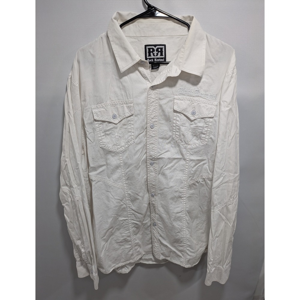 Mens Rock Revival Buckle White Long Sleeve Button Down Designer Shirt Size 2XL